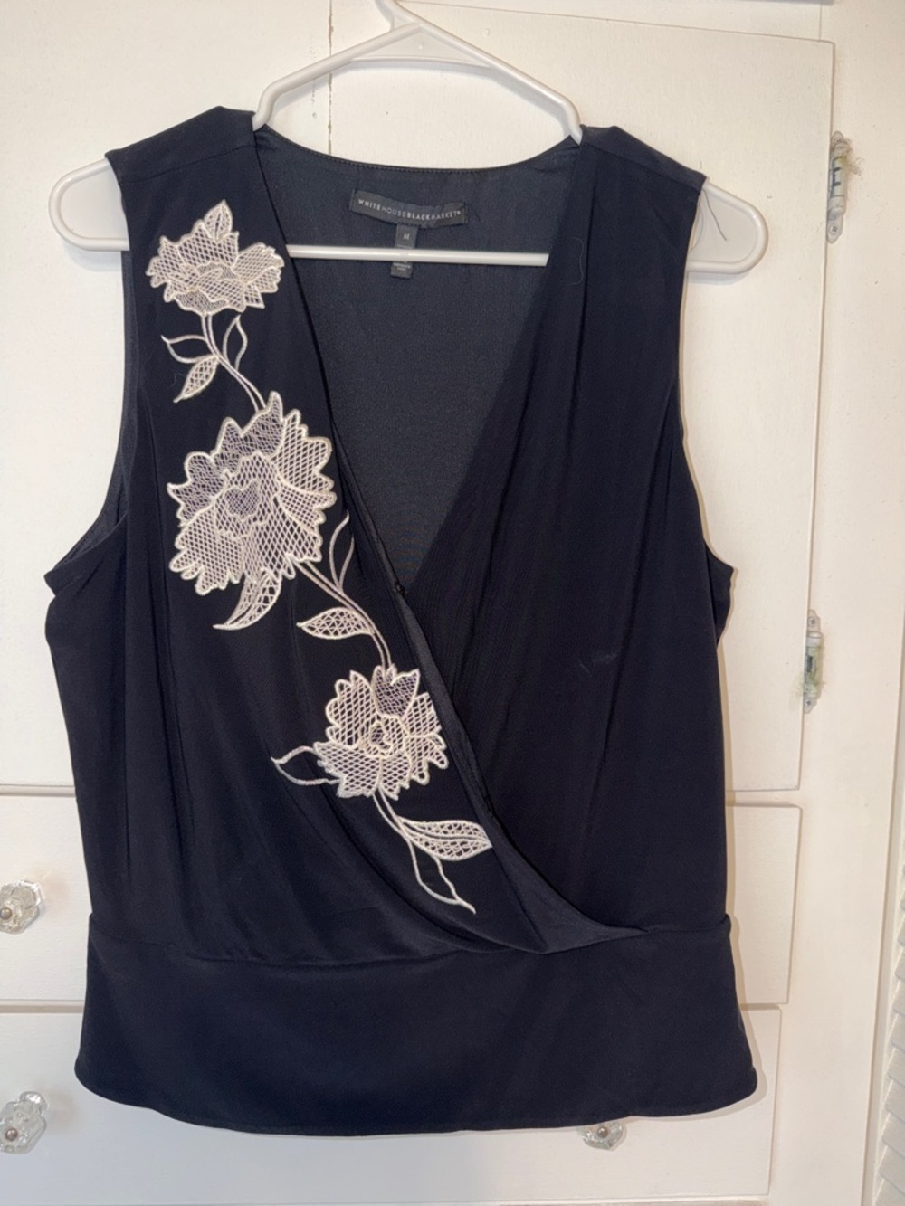 White House Black Market Black Sleeveless Wrap Camisole with Ivory Floral Lace